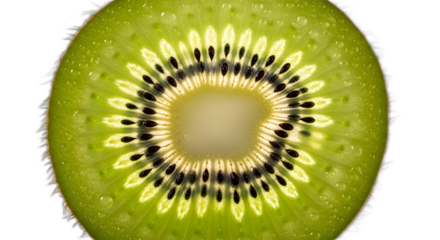 Extreme close up macro photograph showcasing the vibrant green flesh and dark edible seeds of a backlit kiwi fruit slice on transparent background