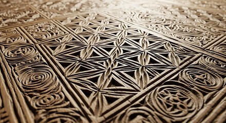Intricate patterns adorn a deeply textured surface, showcasing repeating geometric designs and ornamental circular motifs, a testament to detailed craftsmanship and cultural artistry