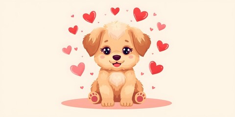 Cute puppy surrounded by colorful hearts in a playful setting