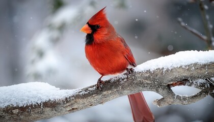 A Red Cardinal Perched On A Branch In The Snow