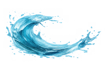 Blue water wave splash creating a dynamic fluid motion, clean aqua liquid with droplets, symbolizing purity and freshness