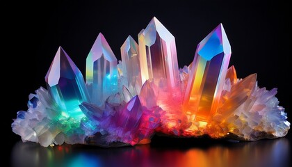 Vibrant Aura Quartz Cluster Iridescent Colors On Black Backdrop For Mystical Appeal