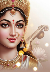 Goddess Saraswati with Veena and Lotus Flower Portrait Hindu goddess Indian deity