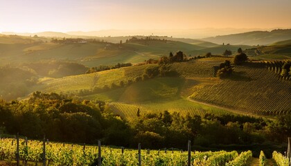 Rolling Hills And Vineyards Bathed In The Golden Light Of Dawn