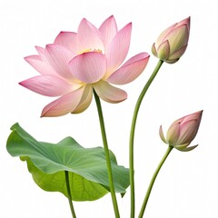 Fototapeta premium Pink Lotus Flower with Green Leaves Isolated on White Background
