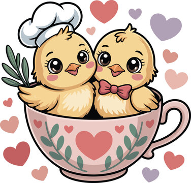 Cute Valentine Love Birds Cartoon Illustration, Romantic Chicks in Heart Cup, Kawaii Animal Art