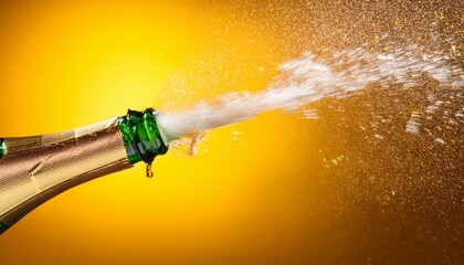 Champagne Bottle Spraying Golden Liquid Against A Vibrant Yellow Background