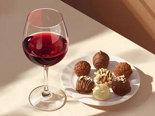 Luxurious composition of red wine and assorted chocolates