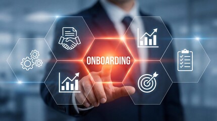 Business man touching virtual onboarding interface, HR management and employee orientation concept, digital process with handshake and target icons.
