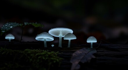 Bioluminescent mushrooms illuminate a dark, mossy forest floor, casting an ethereal glow and creating a magical, mysterious nocturnal scene in nature