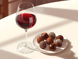 Romantic Still Life of Red Wine and Assorted Chocolates
