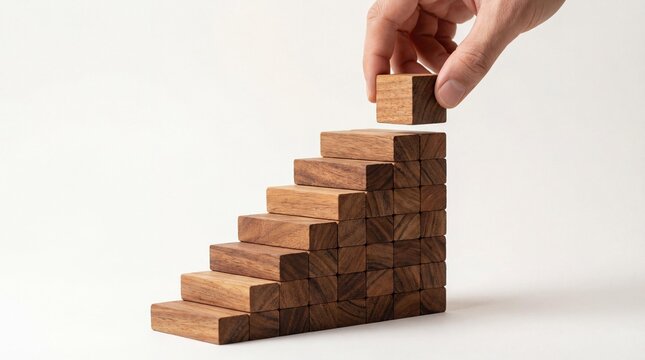 Hand placing wooden block on top of steps, business growth and career success concept, ladder of goal achievement and upward development symbol, isolated on white background.