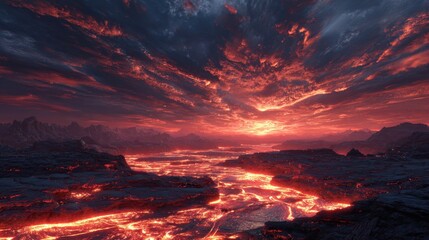 Lava flows and colorful sky at sunset with bright orange and red hues in volcanic landscape