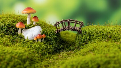 Serene miniature scene of mushrooms and bridge on lush green moss from a low angle