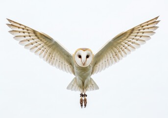 Obraz premium White Barn Owl Flying in Clear Sky with Spread Wings