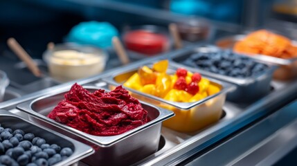 A vibrant frozen yogurt topping counter displays a delightful array of colors and flavors, enticing visitors to explore endless combinations on a cheerful afternoon