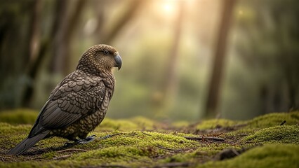 Obraz premium Close-up of a brown hawk perched on mossy ground in a sunlit forest.