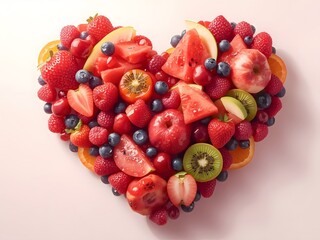 Heart-shaped arrangement of fresh fruits with vibrant colors and textures