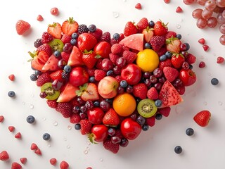 Heart Shaped Arrangement of Fresh Colorful Fruits on White Background