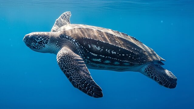 Underwater view of a sea turtle swimming in clear blue ocean water.