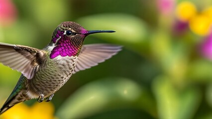 Fototapeta premium Colorful Hummingbird in Flight Amid Vibrant Garden Flowers Marine Endangered Species Photos