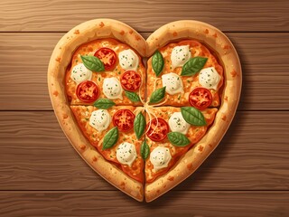Heart Shaped Pizza on Rustic Wooden Table with Ingredients Surrounding