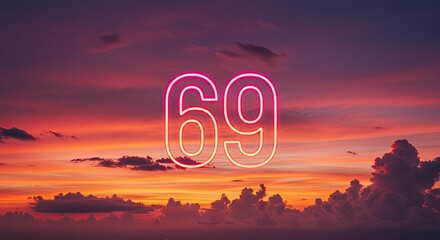Neon 69 sign glowing against a vibrant sunset sky with dramatic clouds