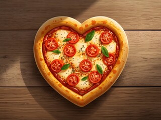 Heart Shaped Pizza on Rustic Wooden Table with Fresh Ingredients