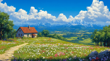 Obraz premium Idyllic stone cottage nestled in vibrant wildflower meadow with winding path leading up to it, under bright blue sky with impressive snow-capped mountains in background, painted in expressive style