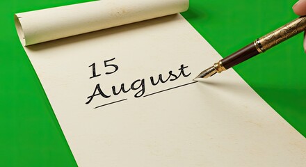 A handwritten note of the 15th of August on a parchment scroll on a vibrant green background