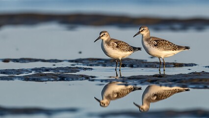 Obraz premium Peaceful Shoreline Scene Featuring Two Ducks with Reflections Marine Endangered Species Photos