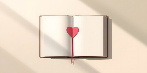 Open book with heart-shaped bookmark and warm lighting ambiance