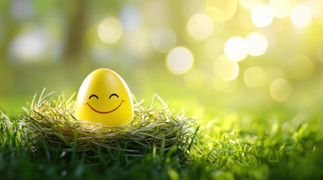 Smiling yellow egg in nest
