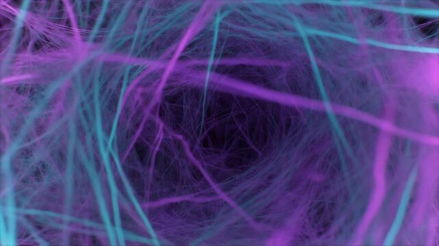 Vibrant abstract background of tangled purple and cyan glowing lines representing digital data transmission futuristic technology and neural network pathways electric energy flow