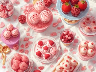 Elegant pink and red dessert table setting with assorted pastries