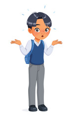 Confused Asian school boy shrugging shoulders. Cartoon vector illustration.