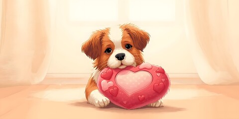 Playful dog with colorful Valentine&rsquo;s toy in a cheerful setting