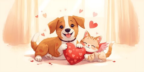 Playful dog interacting with colorful Valentine's Day toy in cheerful setting