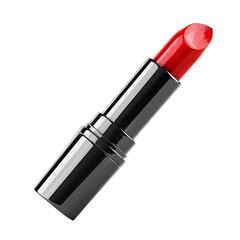 Vibrant red lipstick in sleek black case, isolated on white background for beauty and cosmetic applications.