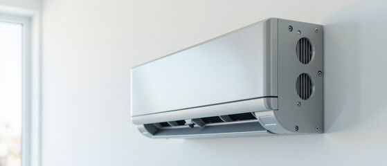 Modern air conditioning unit mounted on wall, providing efficient cooling for indoor spaces. Ideal for home or office environments