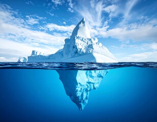 A large iceberg floats above and below the water's surface on a sunny day with a partly cloudy blue sky