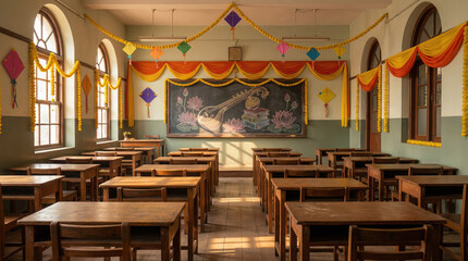 Indian Classroom Decorated for Festival with Kites and Garlands school desks