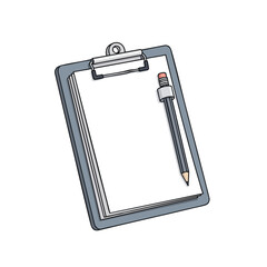 Illustration of a clipboard with blank paper, a pencil with eraser; on white background
