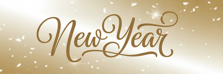 Golden New Year text with falling confetti and sparkles lettering calligraphy