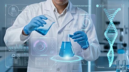 Scientist in laboratory pouring blue liquid into flask with digital interface for modern research and experiments - Powered by Adobe
