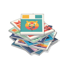 Illustration of a stack of magazines with colorful covers, on a white backdrop