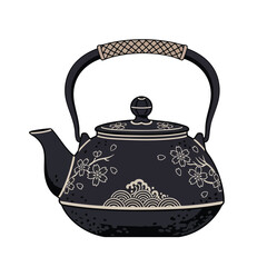 A black, round, Japanese teapot with a woven handle, floral motifs, & wave design