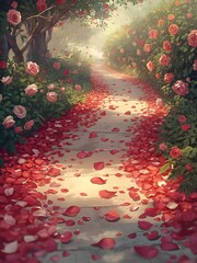 Tranquil pathway adorned with soft pink rose petals in peaceful setting