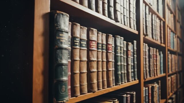 Panning Across Shelves Filled With Antique Leather Bound Books