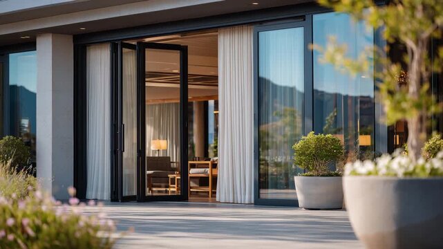 43Modern architectural aesthetic, aluminum French doors angled open, subtle airflow visible in moving curtains, reflecting clean lines of reinforced frame and high-performance glass